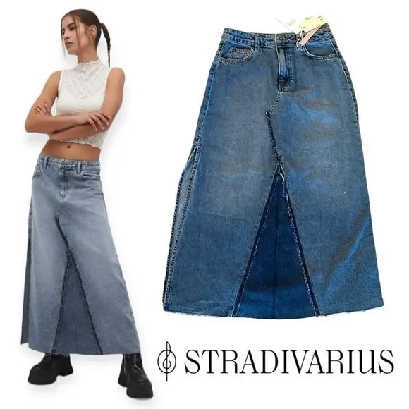 STRADIVARIUS | Blue | LONG DENIM SKIRT WITH SLIT - Picture 1 of 7